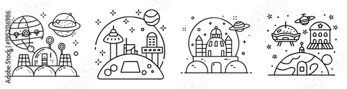 Monochrome line art of futuristic planetary landscapes with domes and spaceships