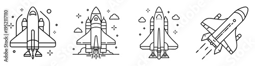 Collection of outlined space shuttle launch icons representing space exploration