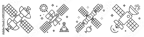 Various satellite icon set in space exploration with solar panels