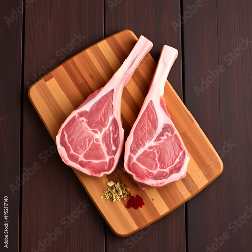 Two raw lamb chops on a wooden cutting board with spices on a dark wooden background