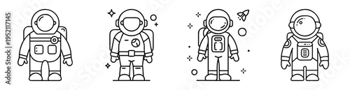Set of cartoon astronauts in spacesuits standing against a white background