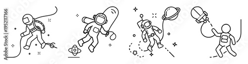 Set of Minimalist Black and White Line Art Astronauts in Space