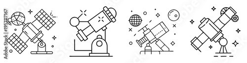 Line art illustration of various telescopes and satellites for astronomy viewing