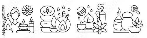Spa and wellness outline drawing set with aroma therapy objects