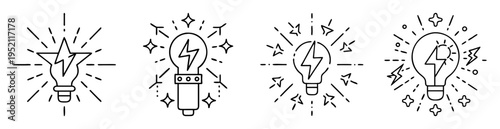 Set of electric bulbs with lightning bolt and sparkling stars surrounding them