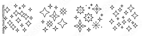Collection of hand drawn starbursts, stars, and sparkling elements in black and white