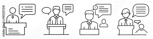Line art illustration depicting public speaking and communication scenarios at a podium