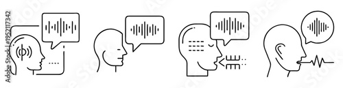 Human communication represented by line drawings showing sound waves and speech bubbles
