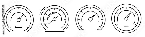Set of four different outline speedometers or gauges on white background