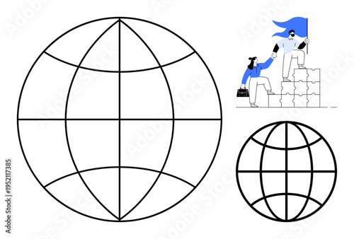 Leadership, teamwork, global collaboration, business success, worldwide connectivity, international support. Abstract globe design and two individuals collaborating. Leadership and teamwork