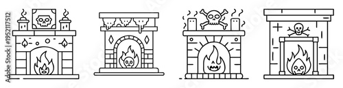 Collection of spooky fireplaces with skull and bones for Halloween decor