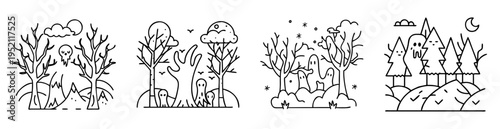 Collection of charming Halloween themed minimalist illustrations with cute ghost characters