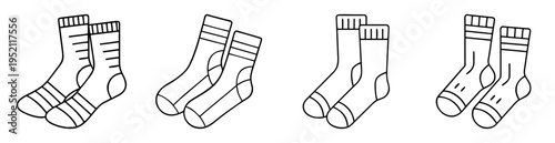 Various sock designs in black and white outline pairs for graphic design