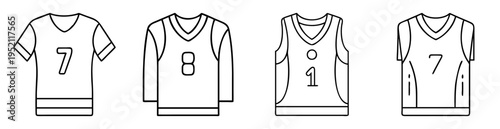 Graphic depiction of four sports jerseys in outline format, featuring different numbers
