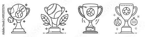 Line art illustrations of sports trophies representing different sports achievements