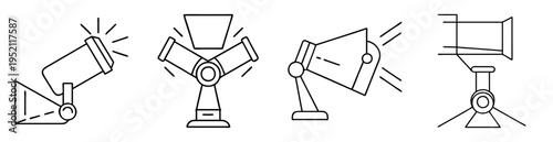 Outline illustration of theatrical stage lighting equipment with several different stands