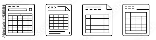 four different document icons with tables and notes areas in black lines