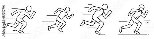 Four minimalist icons of people running at full speed in black and white