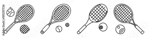 Four simple line art tennis racket and ball outline representations