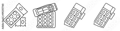 Outline illustration of medicine blister packs with pills on a white background