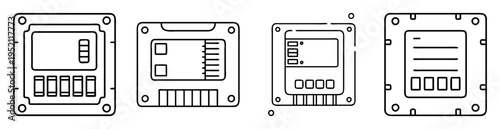 Outline drawings illustrating electronic control panel boxes with varying display configurations