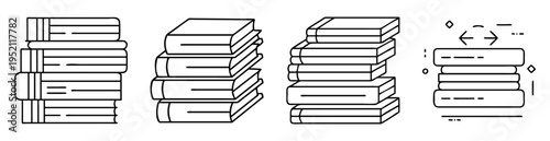 four stacks of books with different styles in outline black and white