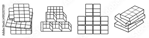 Isometric perspective illustration of four different arrangements of three by three blocks