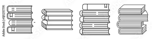 A collection of book stacks with varying styles in a linear design