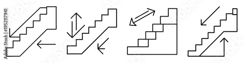 Abstract staircase designs with arrows showing direction of movement in black outline