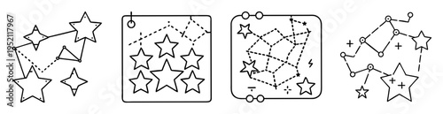 Four stylized star constellations with dotted lines and minimalist geometric patterns