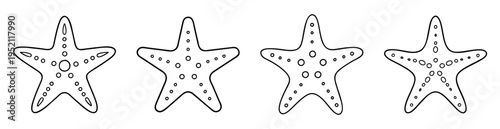 Four Line Art Starfish with Different Dot Patterns in a Row