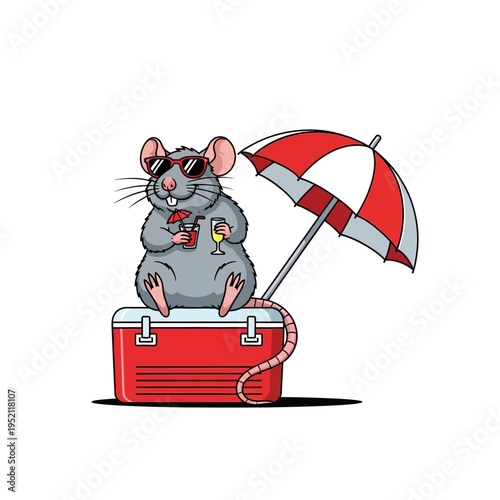A cartoon rat wearing sunglasses sits on a red cooler under a red and white umbrella, holding a drink.