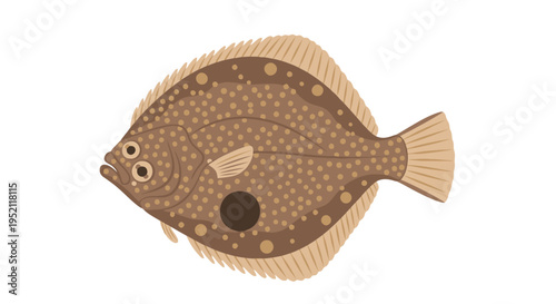 A brown flatfish with spots and fins swims in the ocean water.