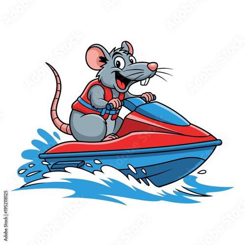 A cartoon mouse wearing a life vest joyfully rides a red and blue jet ski through splashing water.