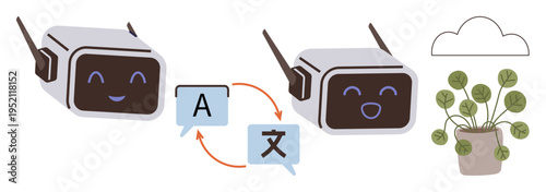 Artificial intelligence, language translation, communication, machine learning, international connections, technology. Two robots exchanging text bubbles. Language translation and communication