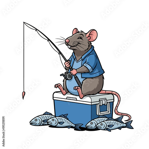 A cheerful cartoon rat dressed in a blue shirt, sitting on a cooler and fishing with a rod and reel, with several caught fish at its feet.