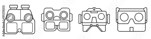 Four different stylized designs of virtual reality VR headsets in black outline