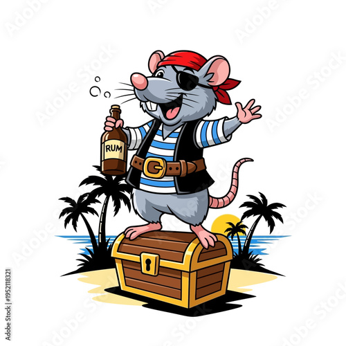 A cartoon pirate rat wearing an eyepatch and bandana, holding a bottle of rum, standing triumphantly on a treasure chest on a tropical beach.