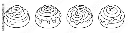 Black and white line drawing of four tasty cinnamon roll pastries