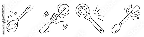 Linear drawing depicting actions associated with cooking using a spoon implement