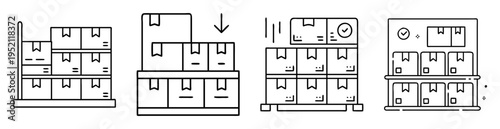 Line art illustration depicting a delivery process involving shelves and boxes