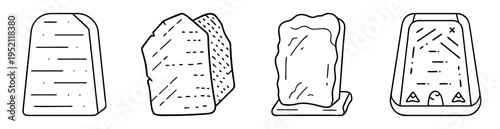 Black and white line art illustration of different monument types or tomb stones