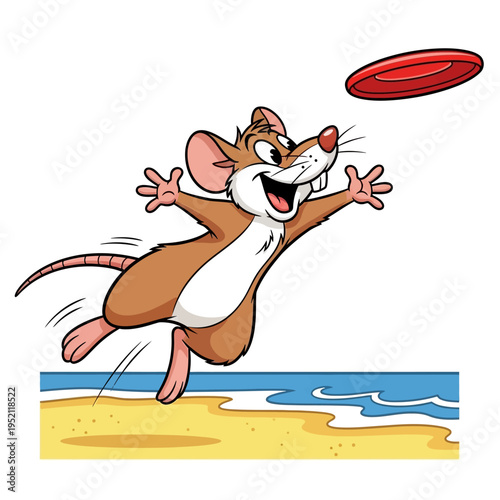A cartoon mouse joyfully leaps to catch a red frisbee on a sandy beach with gentle waves.