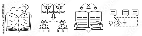 black and white illustration depicting knowledge transfer and communication concepts