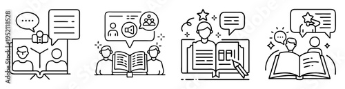 Black and white images of diverse communication and learning scenarios illustrations