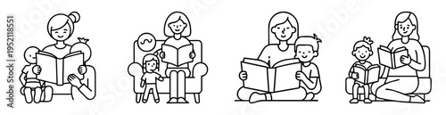 Stylized vector illustration of parents reading books to their children together