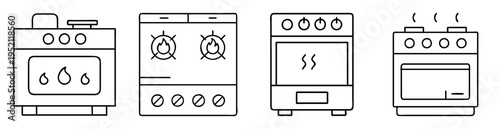 Outline illustration of multiple stove and oven combinations for kitchen design