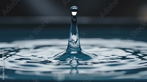 A single water droplet creates ripples in a calm body of water, reflecting light.