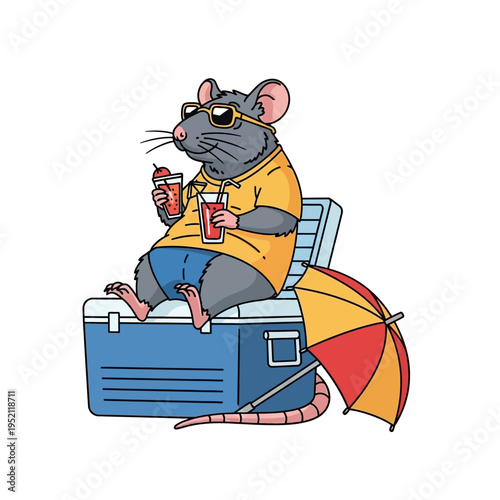 A cartoon rat wearing sunglasses and a yellow shirt sits on a cooler with drinks and an umbrella, enjoying a summer day.