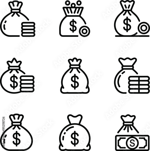 Black and white of money bags with dollars and coins dollar sign finance